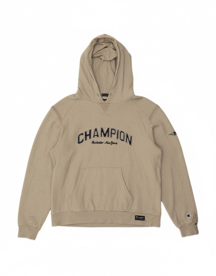 CHAMPION Mens Graphic Hoodie Jumper Medium Beige Cotton