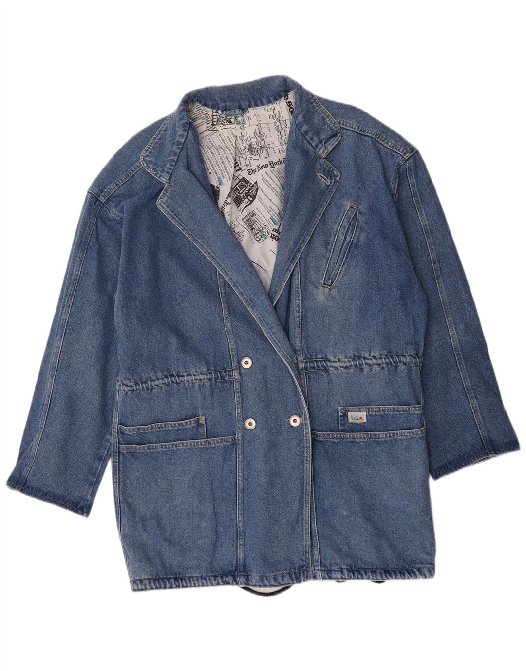 Винтажный женский удлиненный двубортный пиджак, Великобритания, 16, большой синий цвет