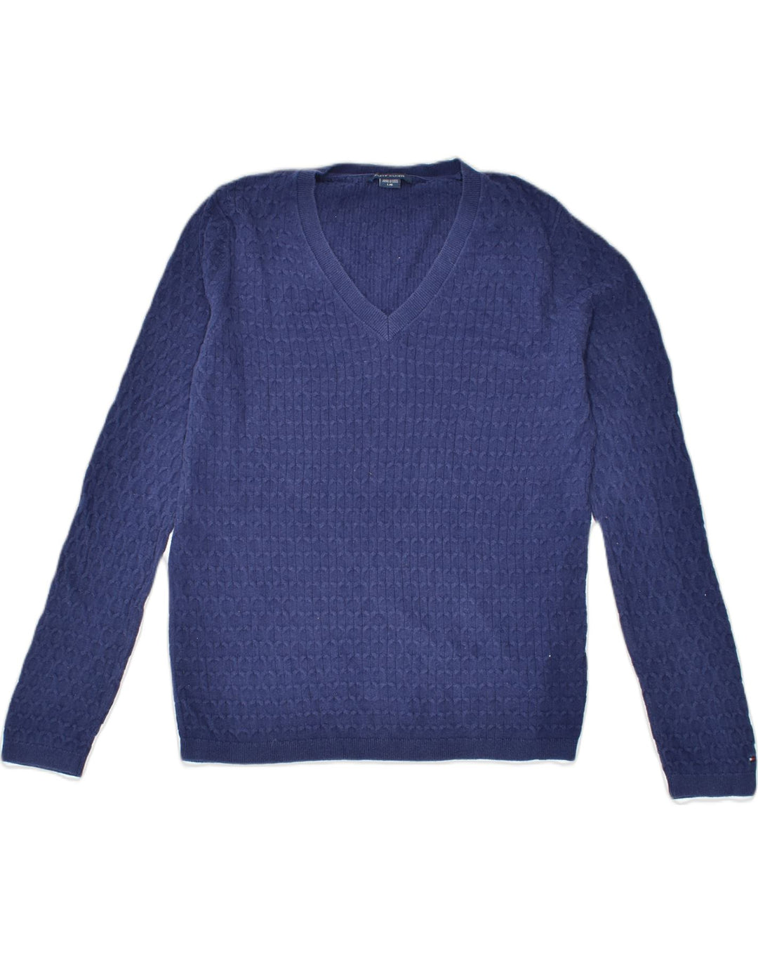 TOMMY HILFIGER Womens V-Neck Jumper Sweater UK 14 Large Navy Blue Cotton | Vintage Tommy Hilfiger | Thrift | Second-Hand Tommy Hilfiger | Used Clothing | Messina Hembry 