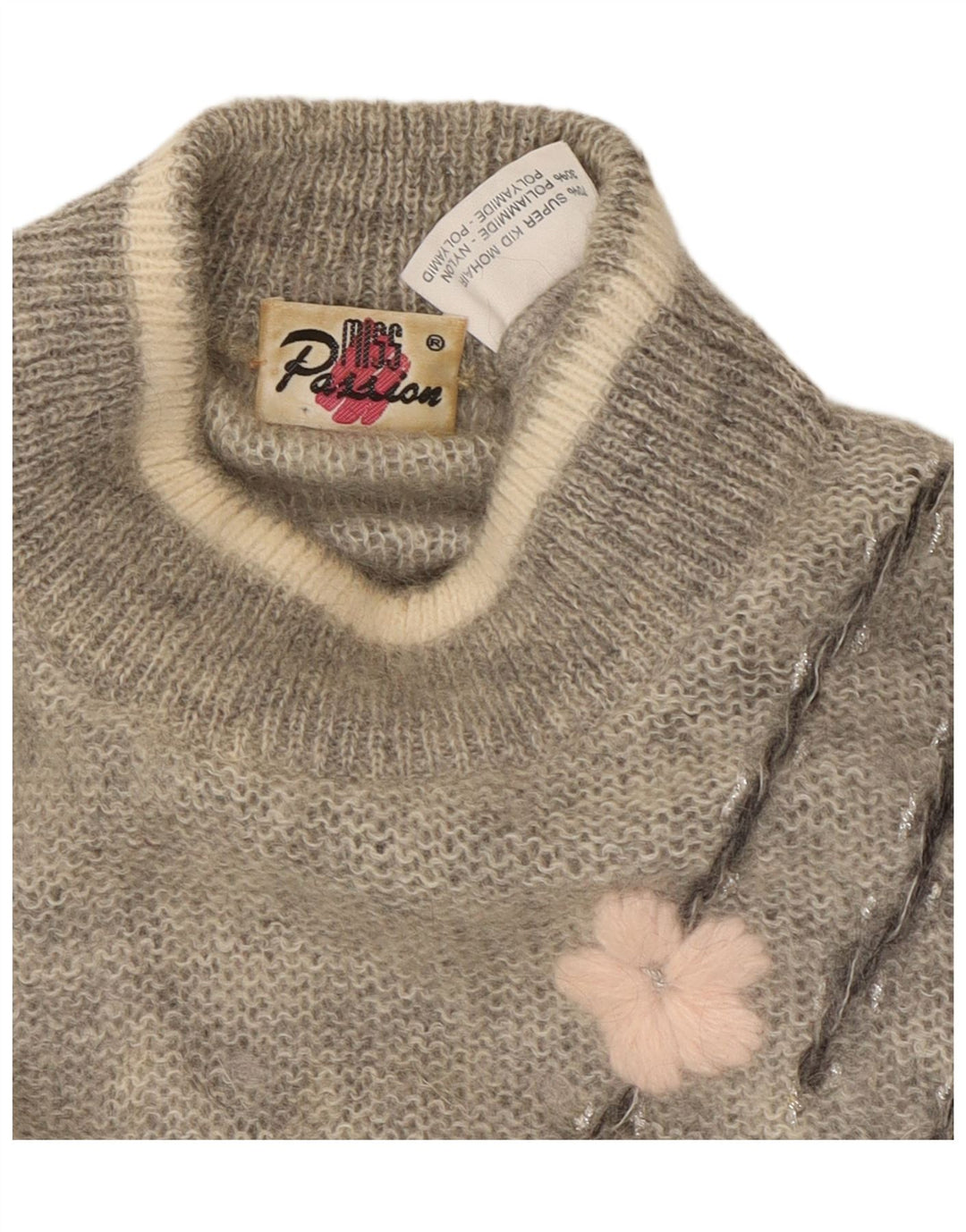 ВИНТАЖНЫЙ женский джемпер с высоким воротником, Великобритания, 18 XL, серый мохер с цветочным принтом