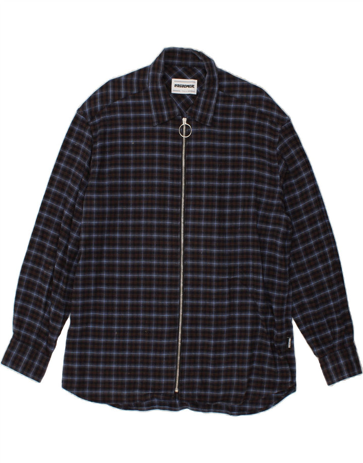 PASDEMER Mens Zip Graphic Flannel Shirt Large Navy Blue Check Cotton Vintage Pasdemer and Second-Hand Pasdemer from Messina Hembry 