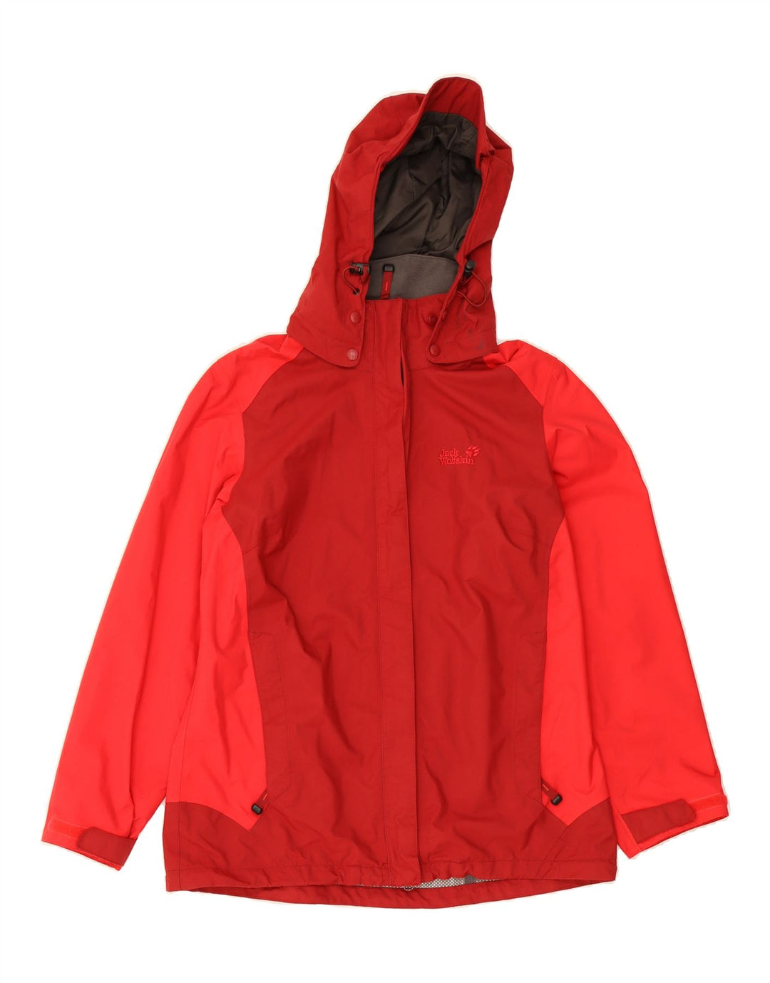JACK WOLFSKIN Womens Hooded Rain Jacket UK 12/14 Medium Red Colourblock Vintage Jack Wolfskin and Second-Hand Jack Wolfskin from Messina Hembry 