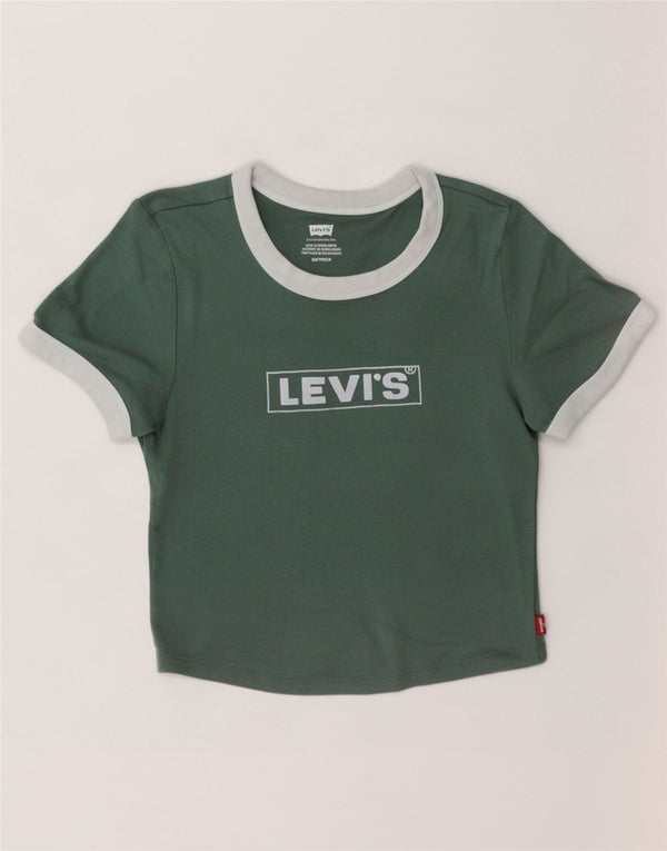 Женская укороченная футболка с графическим рисунком Levi's Top UK 6 XS, зеленая хлопковая футболка с цветными блоками