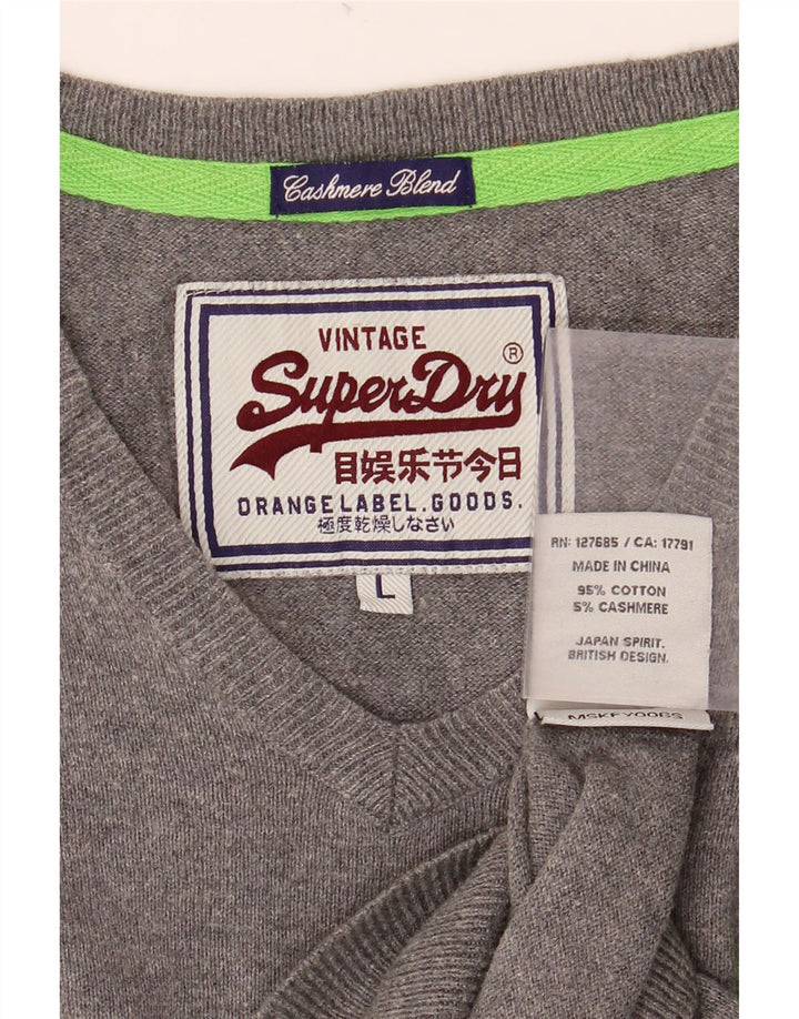 SUPERDRY Мужской джемпер с v-образным вырезом, большой серый хлопковый свитер