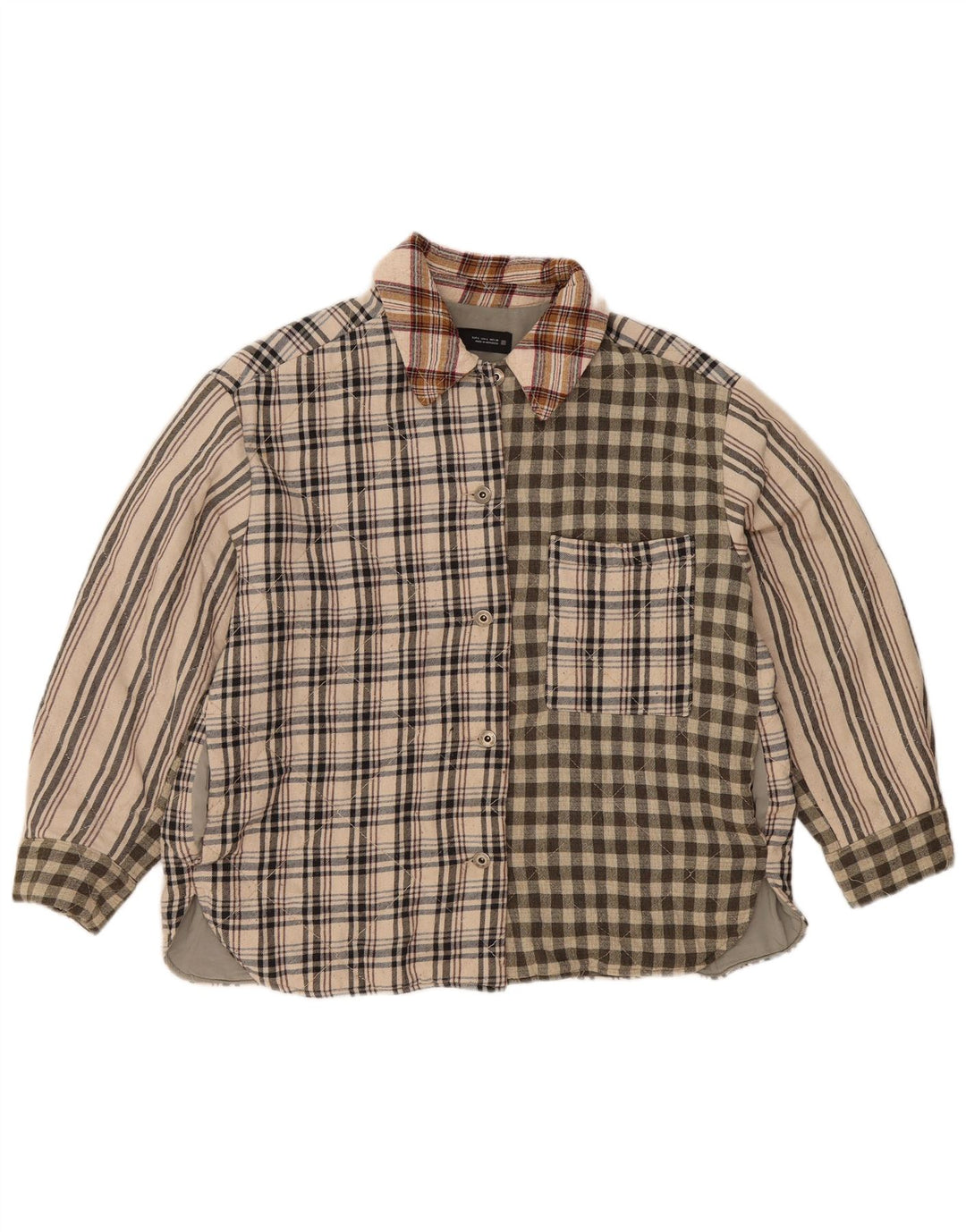 Женская фланелевая рубашка Zara Lumberjack UK 16, большой размер, бежевый лоскутный полиэстер