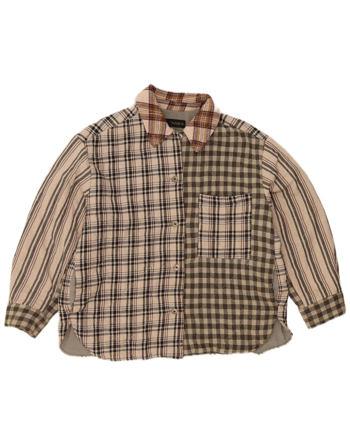 Женская фланелевая рубашка Zara Lumberjack UK 16, большой размер, бежевый лоскутный полиэстер