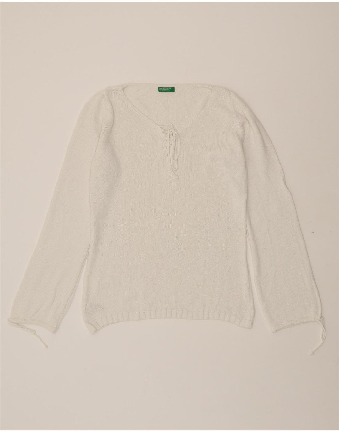 BENETTON Womens V-Neck Jumper Sweater UK 14 Medium White Cotton Vintage Benetton and Second-Hand Benetton from Messina Hembry 