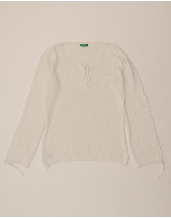 BENETTON Womens V-Neck Jumper Sweater UK 14 Medium White Cotton Vintage Benetton and Second-Hand Benetton from Messina Hembry 