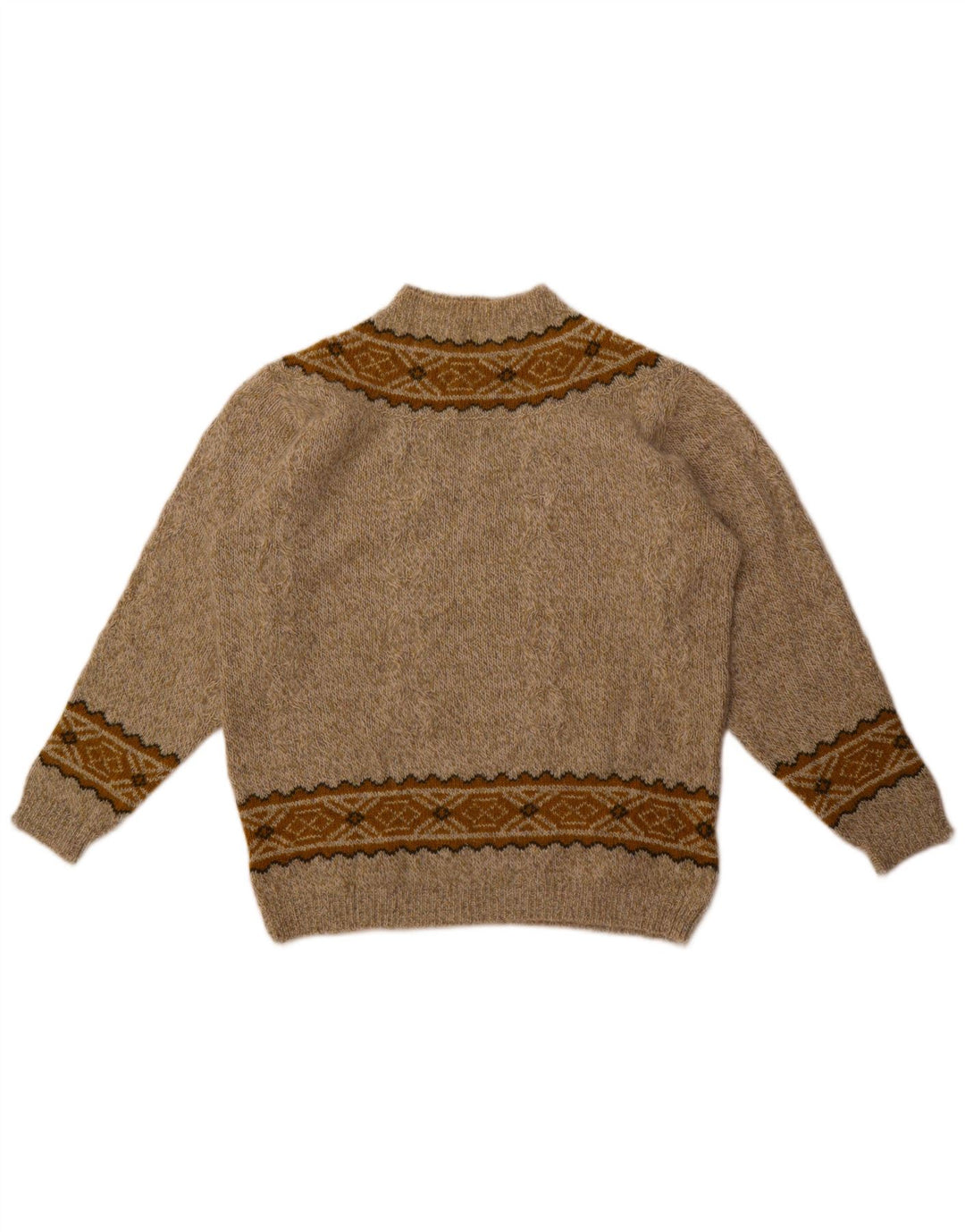 Винтажный женский джемпер с высоким воротником, Великобритания, 16, большой, бежевый, шерстяной с геометрическим рисунком