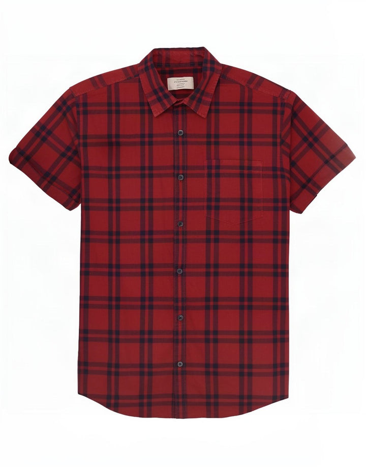 Мужская рубашка с коротким рукавом Jack & Jones среднего красного цвета в клетку, хлопок