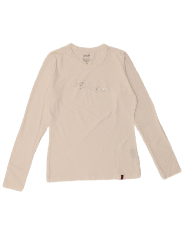 SLAM Womens Graphic Top Long Sleeve UK 10 Small White Cotton
