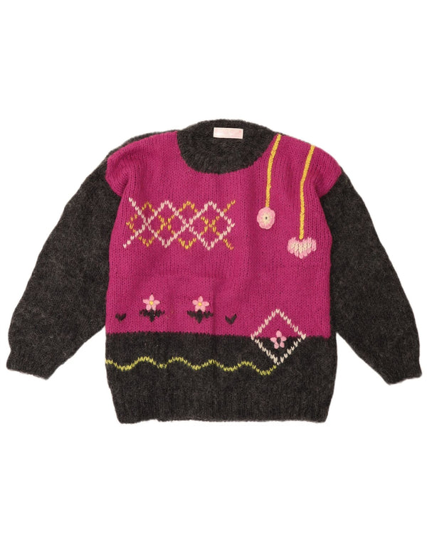 ВИНТАЖНЫЙ женский джемпер с круглым вырезом, Великобритания, 14, большой серый цвет с цветными блоками