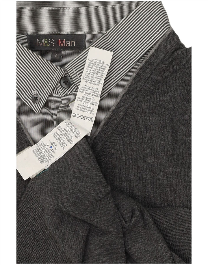 Мужской джемпер с воротником поло Marks & Spencer, маленький серый хлопковый свитер