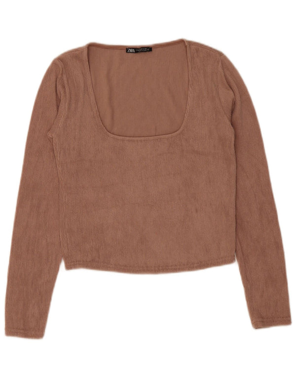 Женский укороченный топ Zara с длинным рукавом UK 12, средний коричневый полиэстер