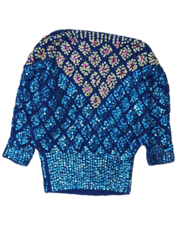 Винтажный женский джемпер с вырезом «лодочка», Великобритания, 12, средний синий с узором аргайл/ромб