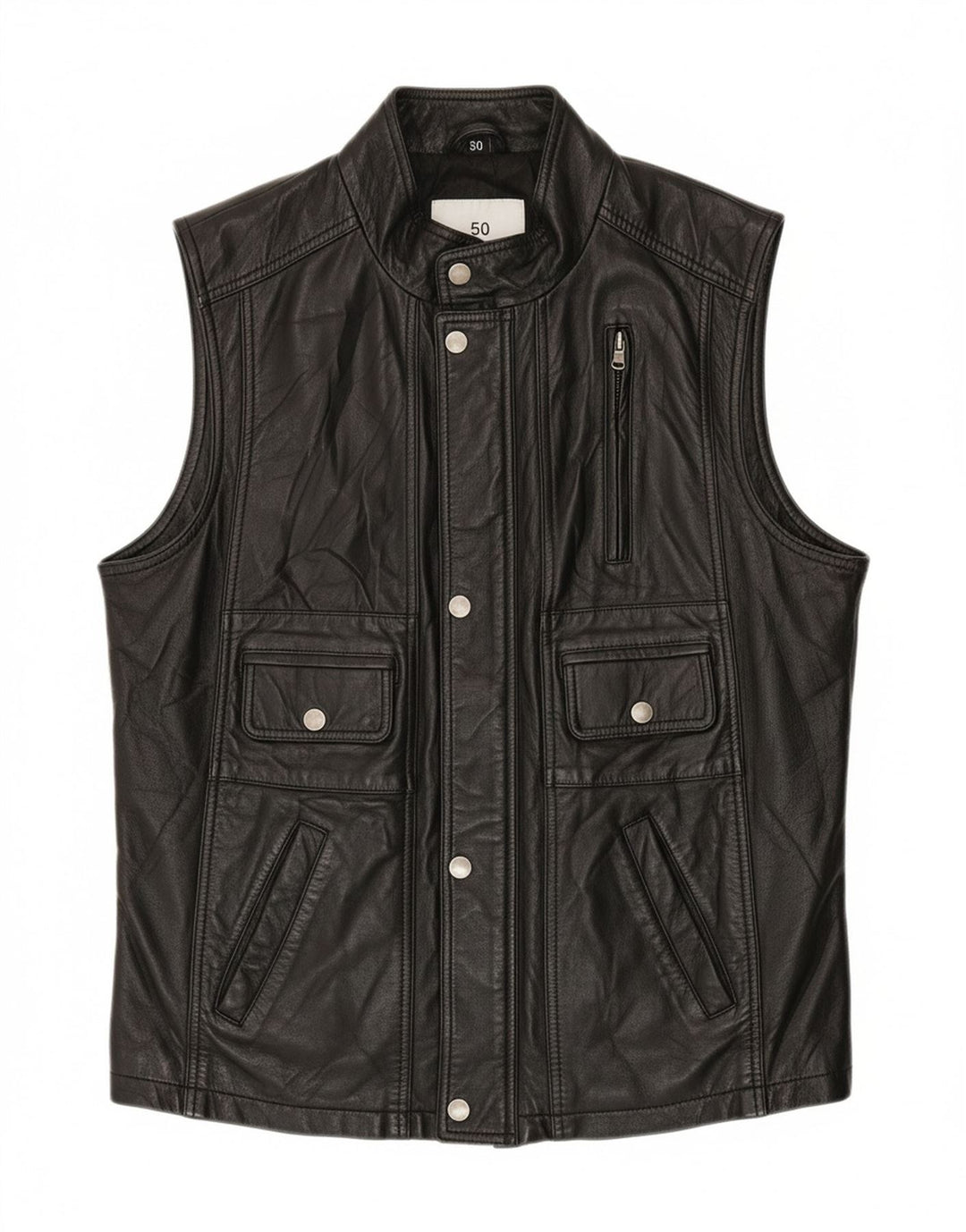 VINTAGE Mens Leather Gilet IT 50 Large Black Leather