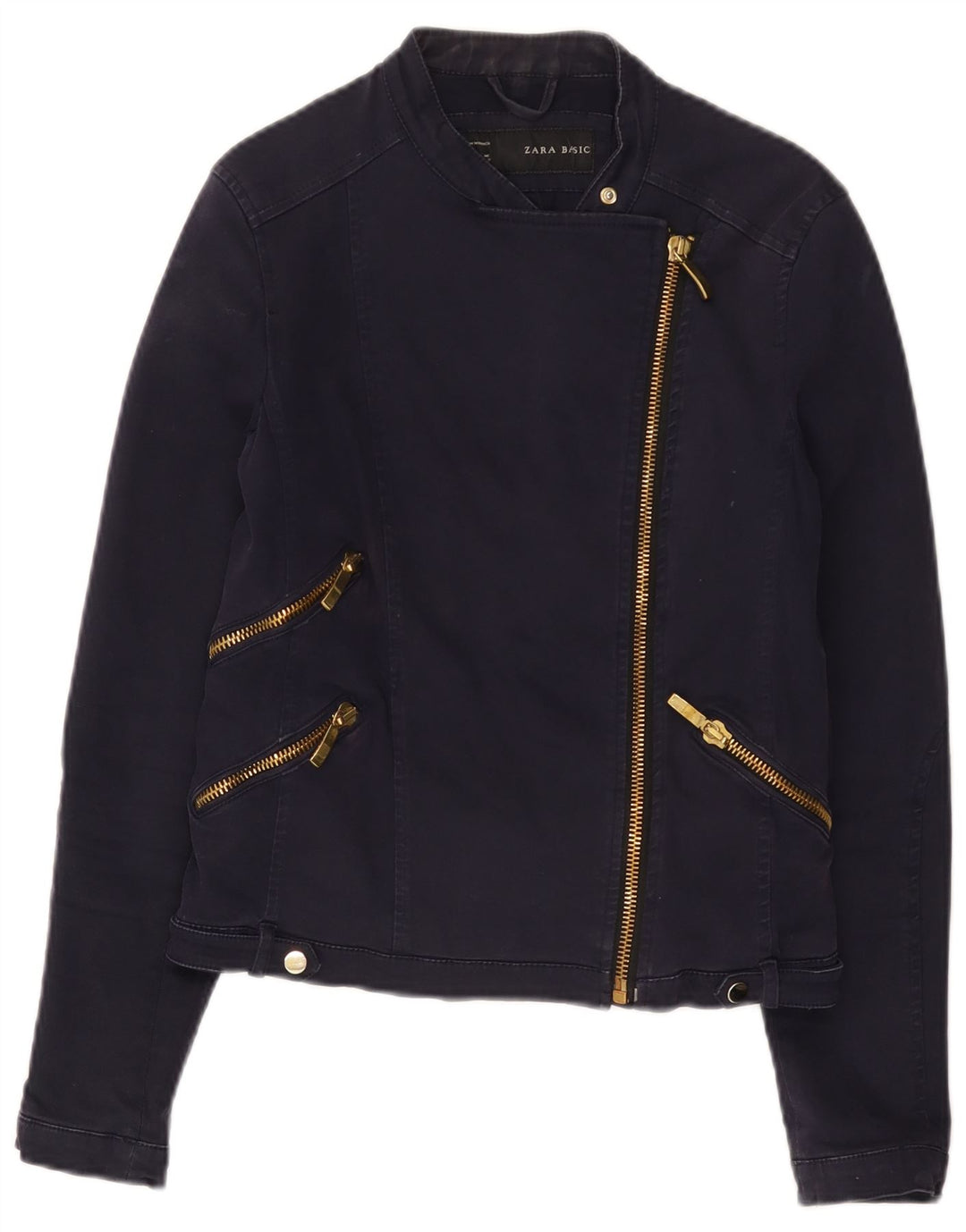 Женская укороченная байкерская куртка Zara UK 14, большой размер, темно-синий, хлопок