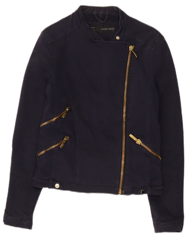 Женская укороченная байкерская куртка Zara UK 14, большой размер, темно-синий, хлопок