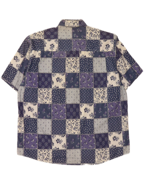 VINTAGE Женская рубашка с коротким рукавом UK 20 2XL Синяя лоскутная хлопковая ткань