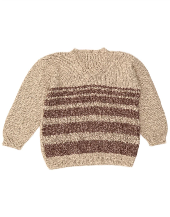 ВИНТАЖНЫЙ женский джемпер с v-образным вырезом, Великобритания, 16, большой, бежевый, цветной блок