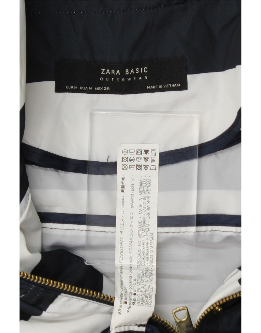 ZARA Womens Hooded Rain Jacket UK 14 Medium Navy Blue Striped Polyester Vintage Zara and Second-Hand Zara from Messina Hembry 