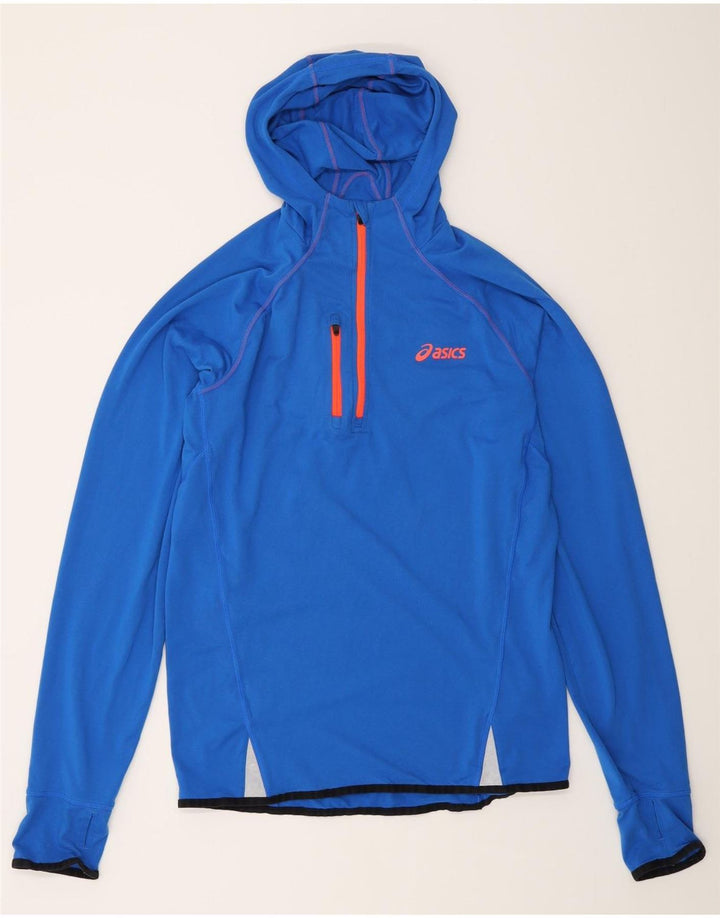 Мужская футболка Asics с капюшоном на молнии и длинными рукавами, средний синий полиэстер