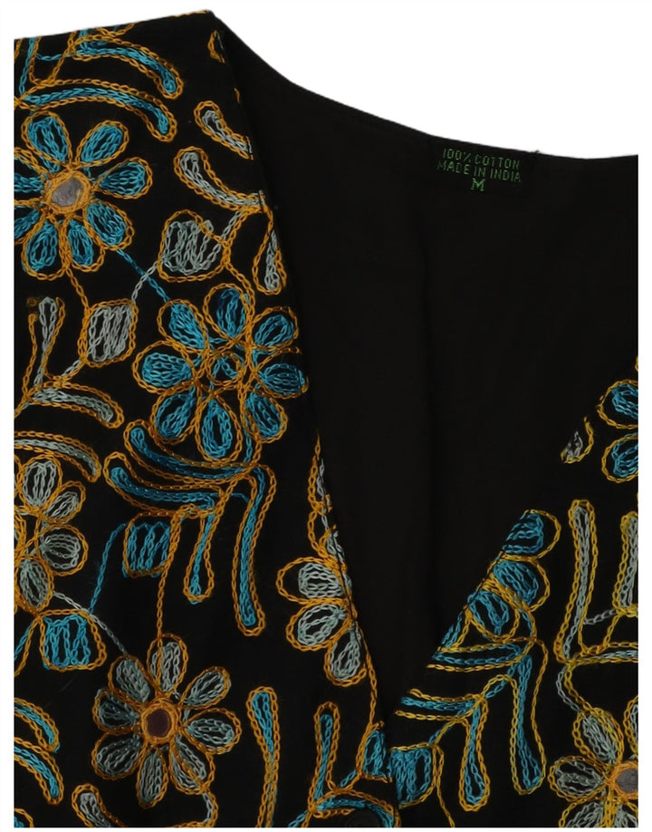 ВИНТАЖНЫЙ женский жилет UK 14, хлопковый средний черный цвет с цветочным принтом