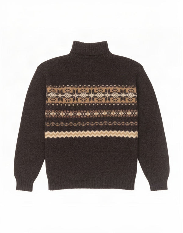 Benetton Womens Roll Neck Jumper Sweater UK 14 Medium Black Fair Isle Wool