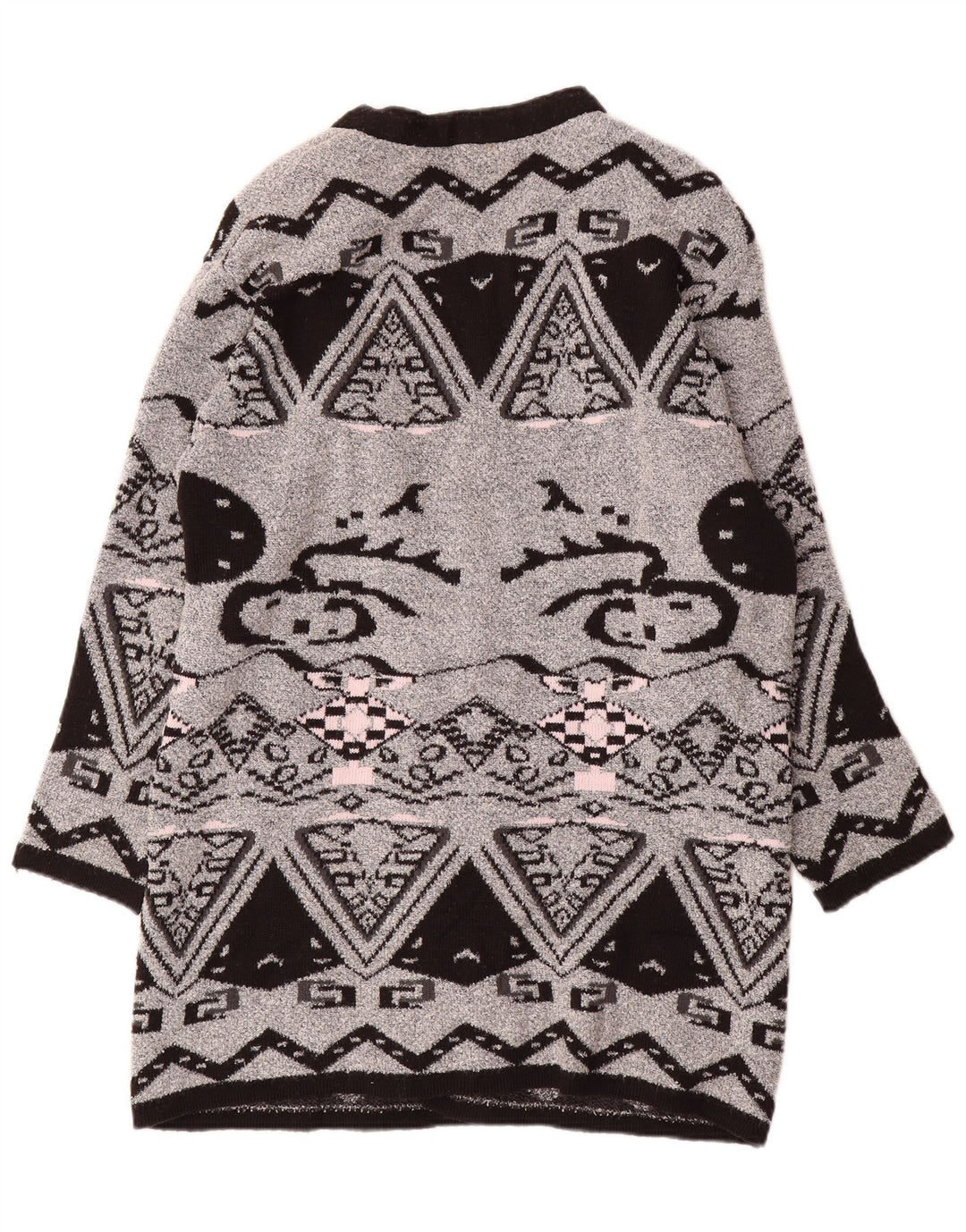 ВИНТАЖНЫЙ женский удлиненный открытый кардиган-свитер EU 44 XL, серый с геометрическим рисунком