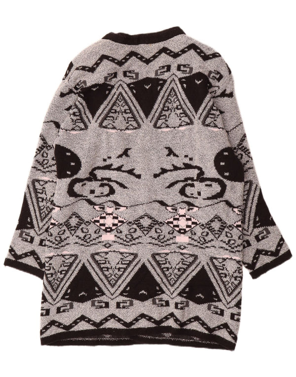 ВИНТАЖНЫЙ женский удлиненный открытый кардиган-свитер EU 44 XL, серый с геометрическим рисунком