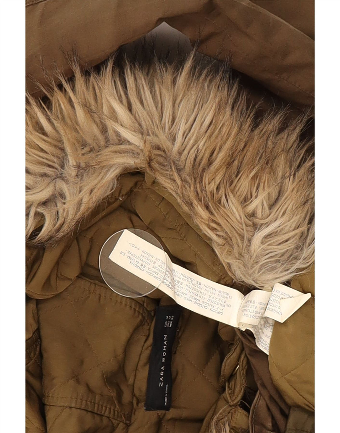 Женская парка Zara с капюшоном UK 14, средний цвет хаки, полиэстер