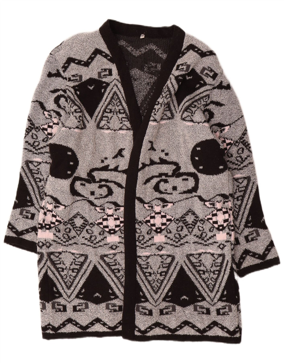 ВИНТАЖНЫЙ женский удлиненный открытый кардиган-свитер EU 44 XL, серый с геометрическим рисунком