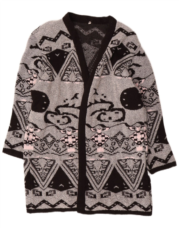 ВИНТАЖНЫЙ женский удлиненный открытый кардиган-свитер EU 44 XL, серый с геометрическим рисунком
