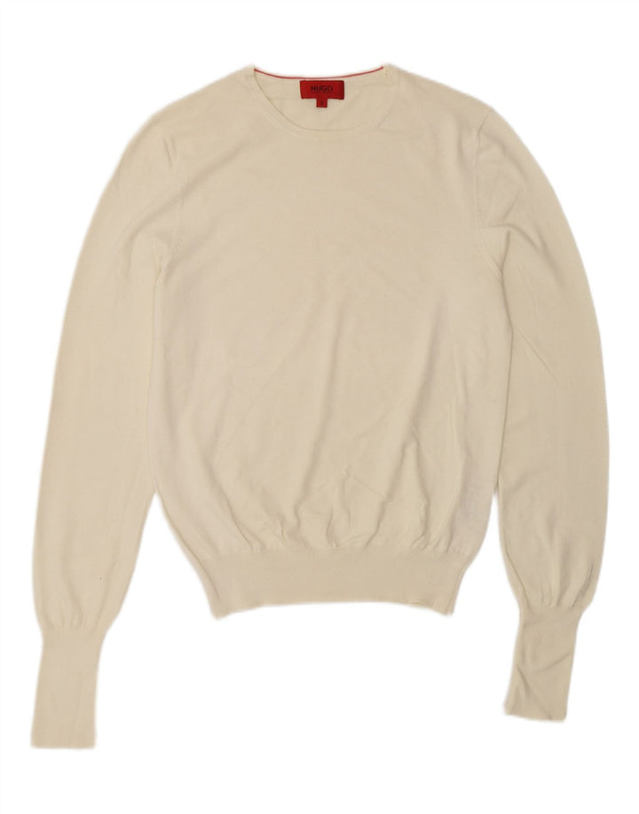 HUGO BOSS Mens Crew Neck Jumper Sweater Small Off White Cotton