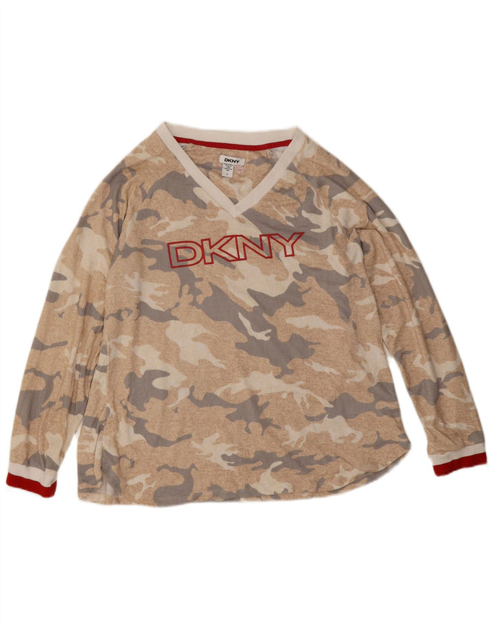 Женский топ с рисунком Dkny, длинный рукав, Великобритания, 16, большой, бежевый, камуфляжный, полиэстер
