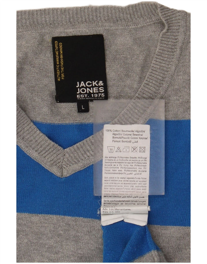 Мужской джемпер с v-образным вырезом Jack & Jones, хлопковый свитер в большую серую полоску