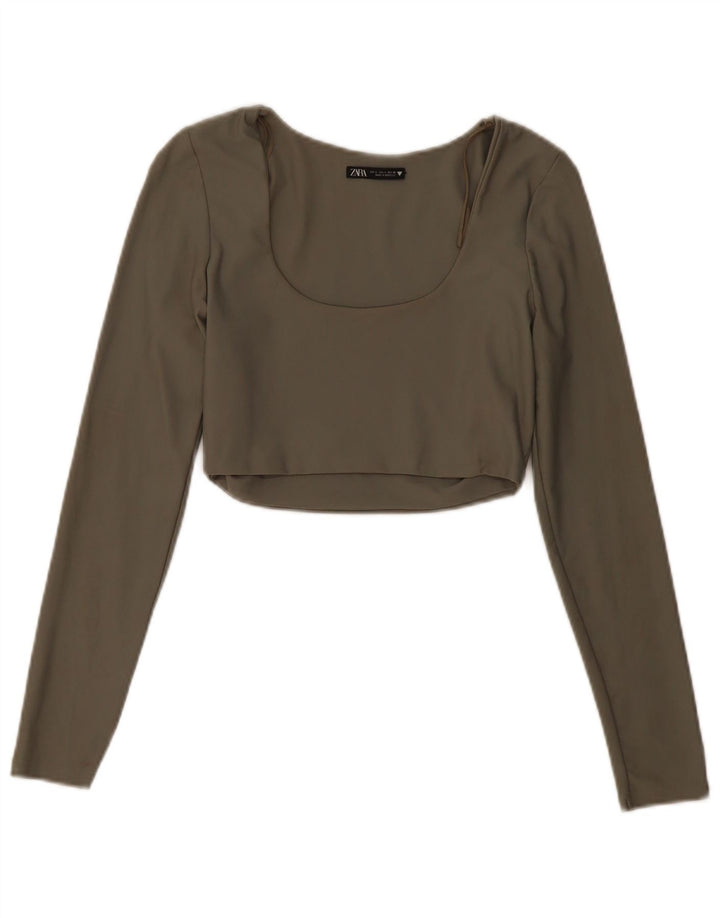 Женский укороченный топ Zara с длинным рукавом UK 14, большой цвет хаки, полиамид