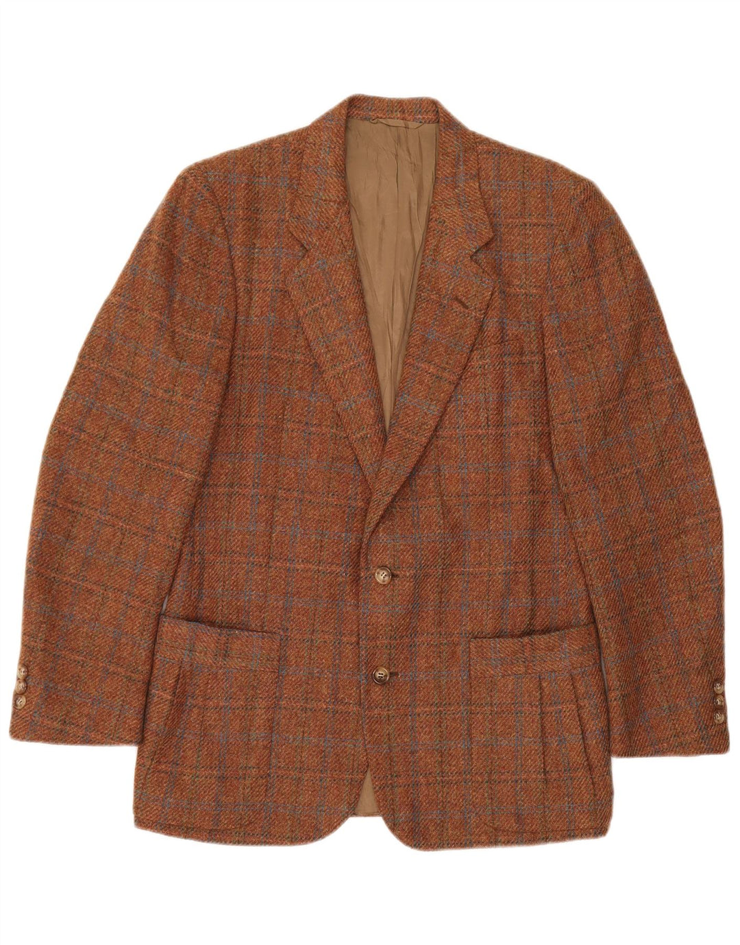 Винтажный мужской пиджак на 2 пуговицах IT 48, средний коричневый в клетку из натуральной шерсти