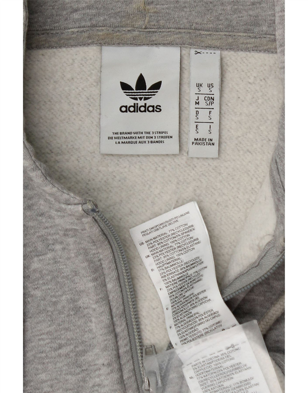 ADIDAS Mens Zip Hoodie Sweater Small Grey Cotton