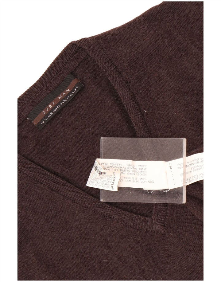 Мужской джемпер с v-образным вырезом Zara XL, коричневый, шерсть