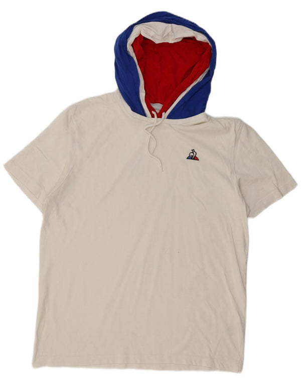 LE COQ SPORTIF Mens Hooded T-Shirt Top XL White Colourblock Cotton