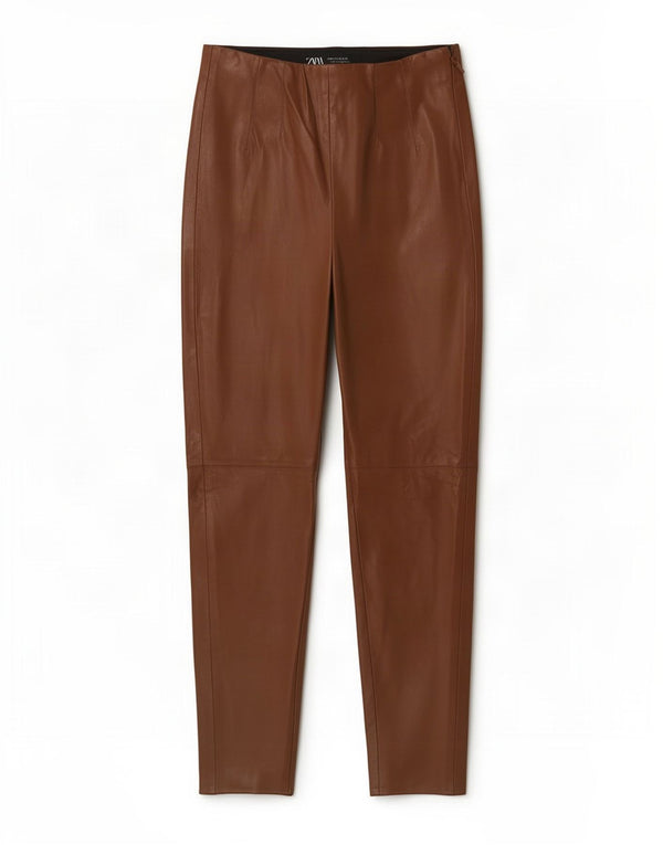 Женские узкие брюки из искусственной кожи Zara Medium W28 L26, коричневые, полиэстер