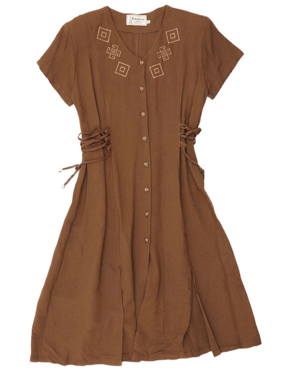 Винтажное женское платье А-силуэта UK 14, средний коричневый цвет из вискозы с геометрическим рисунком