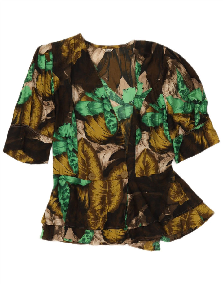 VINTAGE Женская блузка-рубашка с коротким рукавом IT 42 Средний хаки с цветочным принтом