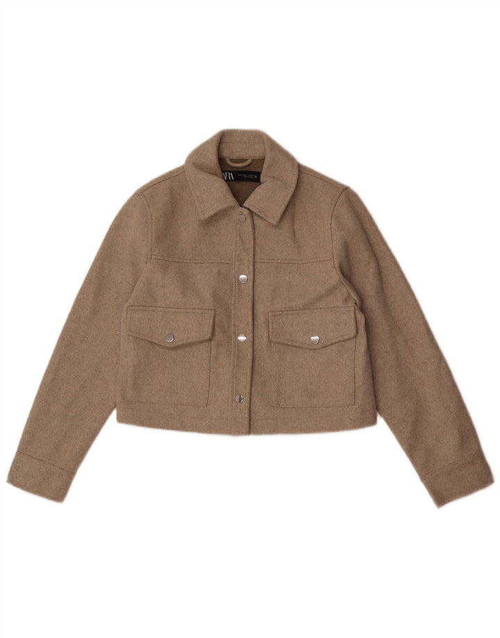 Женская укороченная куртка-бомбер Zara UK 10, маленькая, бежевая в крапинку