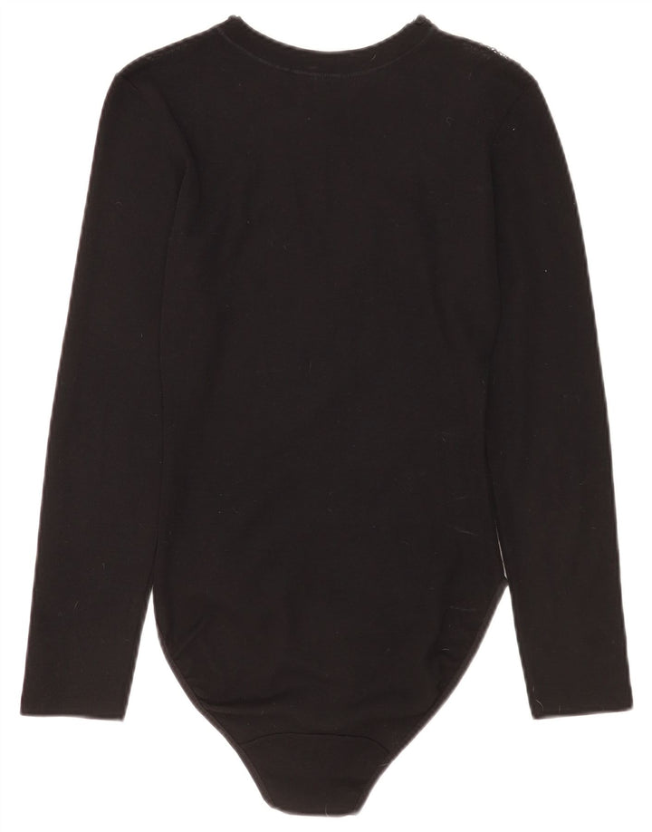 Винтажное женское боди с длинными рукавами UK 2 2XS, черное из натуральной шерсти