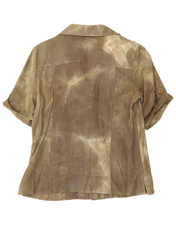 Винтажная женская блузка-рубашка с коротким рукавом UK 12, средний шелковый цвет хаки тай-дай