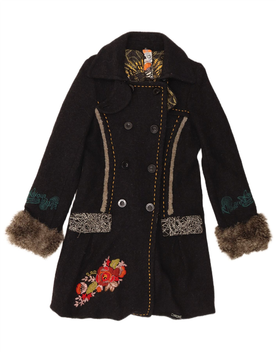 Женское двубортное пальто Desigual с графическим рисунком EU 40, средний черный с цветочным принтом