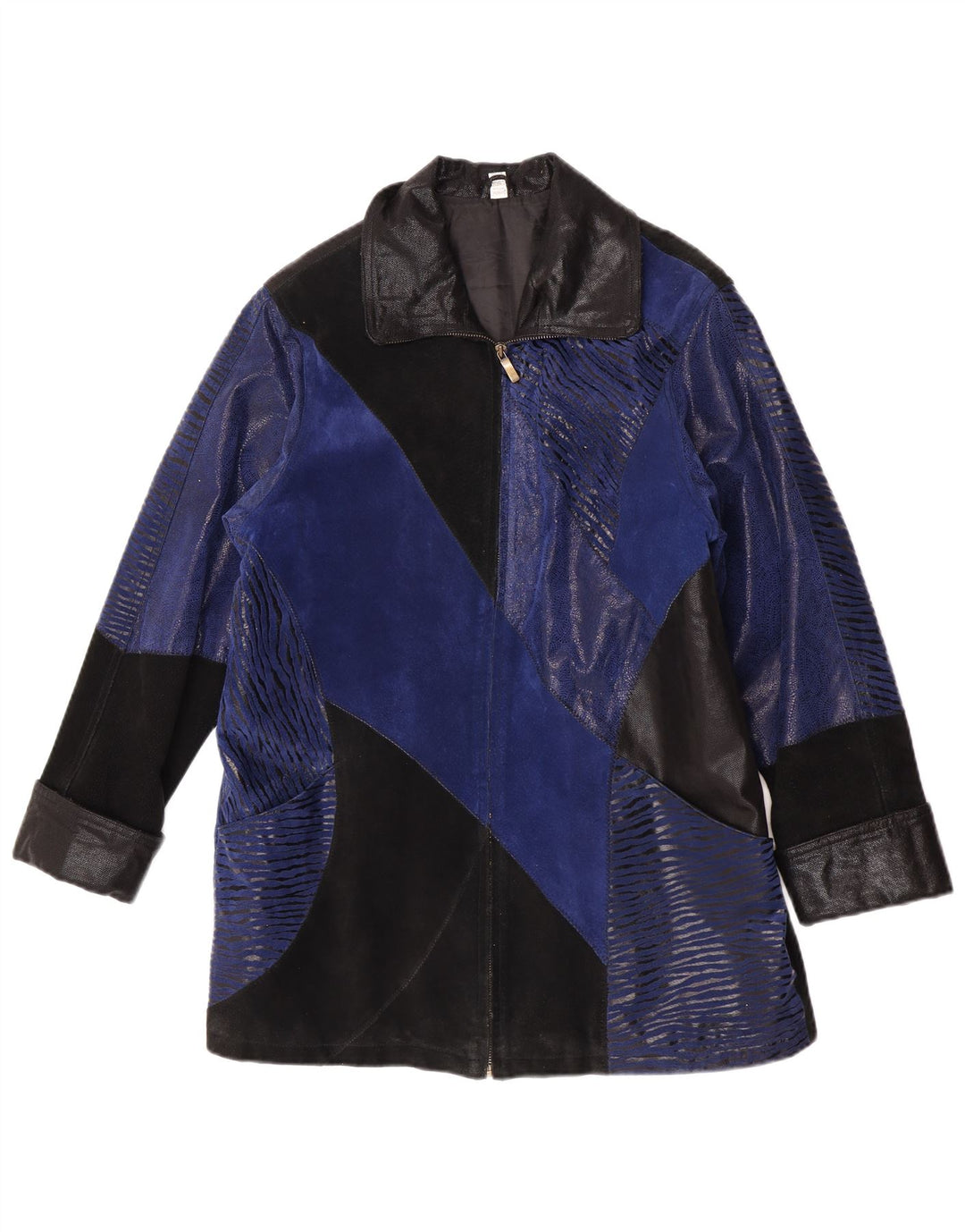 Винтажное женское замшевое пальто UK 12, кожа среднего синего цвета с цветными блоками