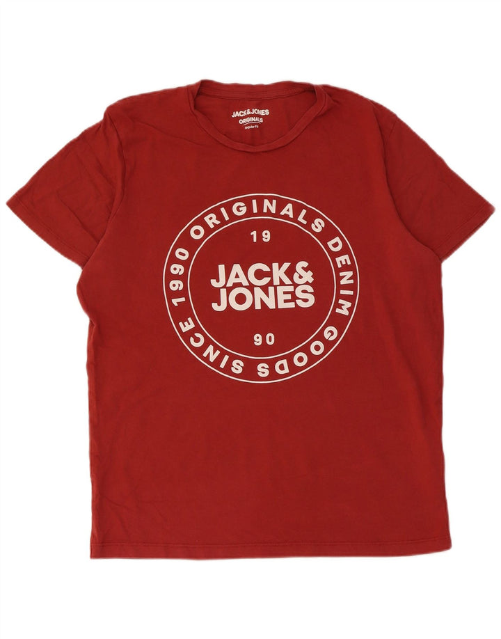 Мужская футболка с рисунком JACK & JONES стандартного кроя, хлопковый топ среднего красного цвета